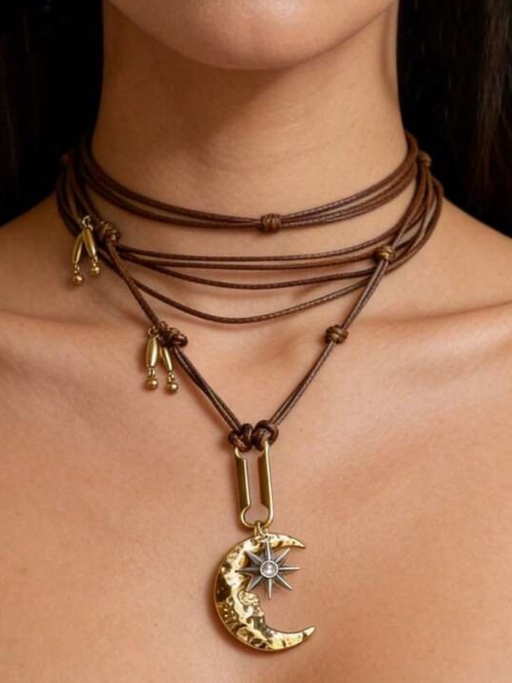 Gold Crescent Moon & Star Layered Brown Cord Necklace